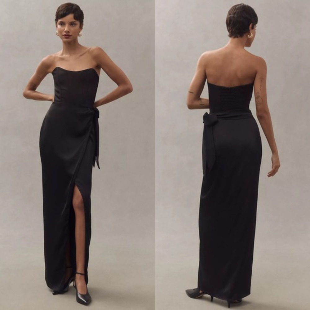 NWT V. Chapman‎ June Corset Jacquard Front-Slit Gown Black Satin - Size 2